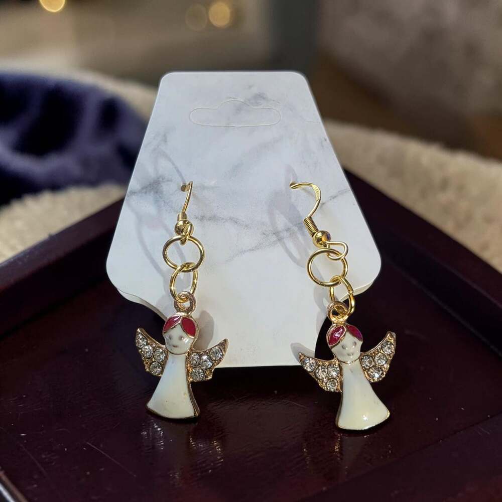 Gold-Tone White and Red Enamel Christmas Angel Dangle Earrings with Rhinestone W